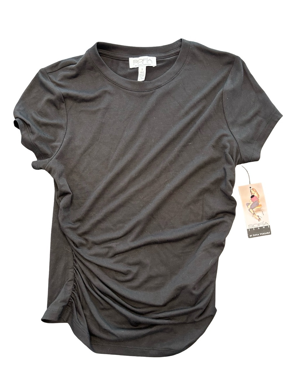 Sofia Vergara simple solid black Ruched Side short Sleeves fitted tee NWT SM - Picture 9 of 12